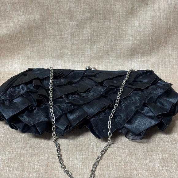 White House Black Market Black Ruffle Evening Clutch Purse Shoulder Bag Satin - Picture 4 of 6